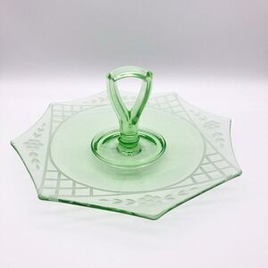 Vintage Green Depression Glass Handled Etched Floral Patterned Tidbit Tray
